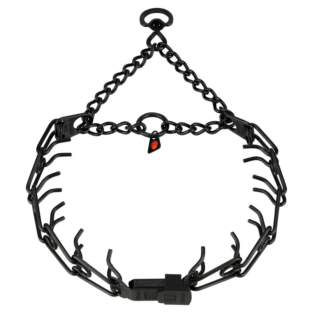 Herm Sprenger black stainless steel dog collar with centered ClickLock buckle for easy on-off and training.