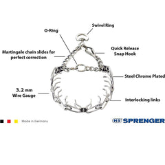 Herm Sprenger chrome prong collar center plate connector ensures even pressure.