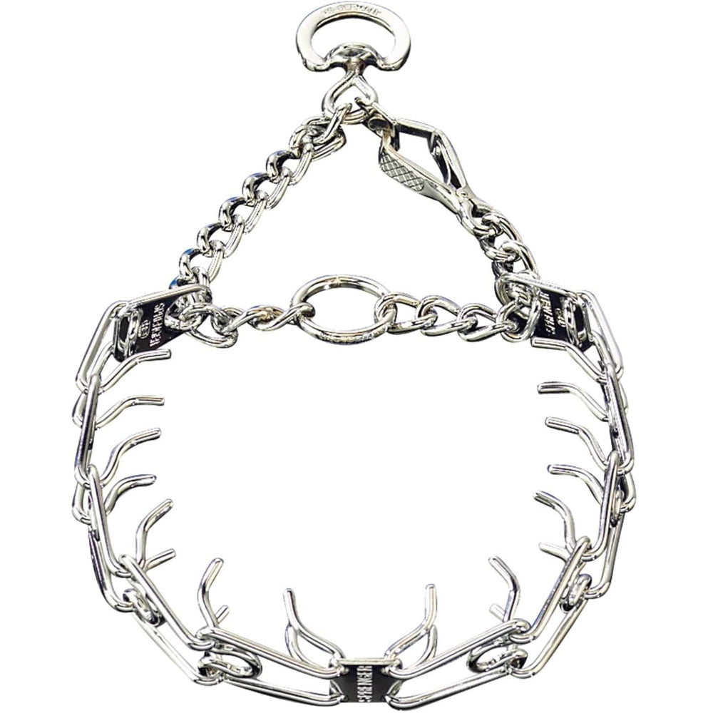 Herm Sprenger chrome prong collar with quick-release clip for controlled training sessions.