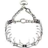 Herm Sprenger chrome prong collar with quick-release clip for controlled training sessions.
