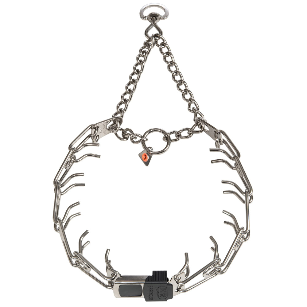 Herm Sprenger prong collar with quick-release ClicLock buckle for easy on/off during training.