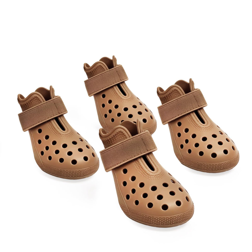 HERTIENDO dog shoes front view in brown with secure adjustable strap for outdoor wear.