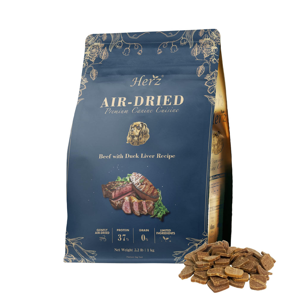 Herz air-dried dog food bag showing premium beef and duck liver ingredients for balanced meals.