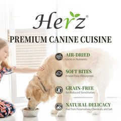 Herz air-dried texture close-up reveals dense, flavorful morsels for dogs