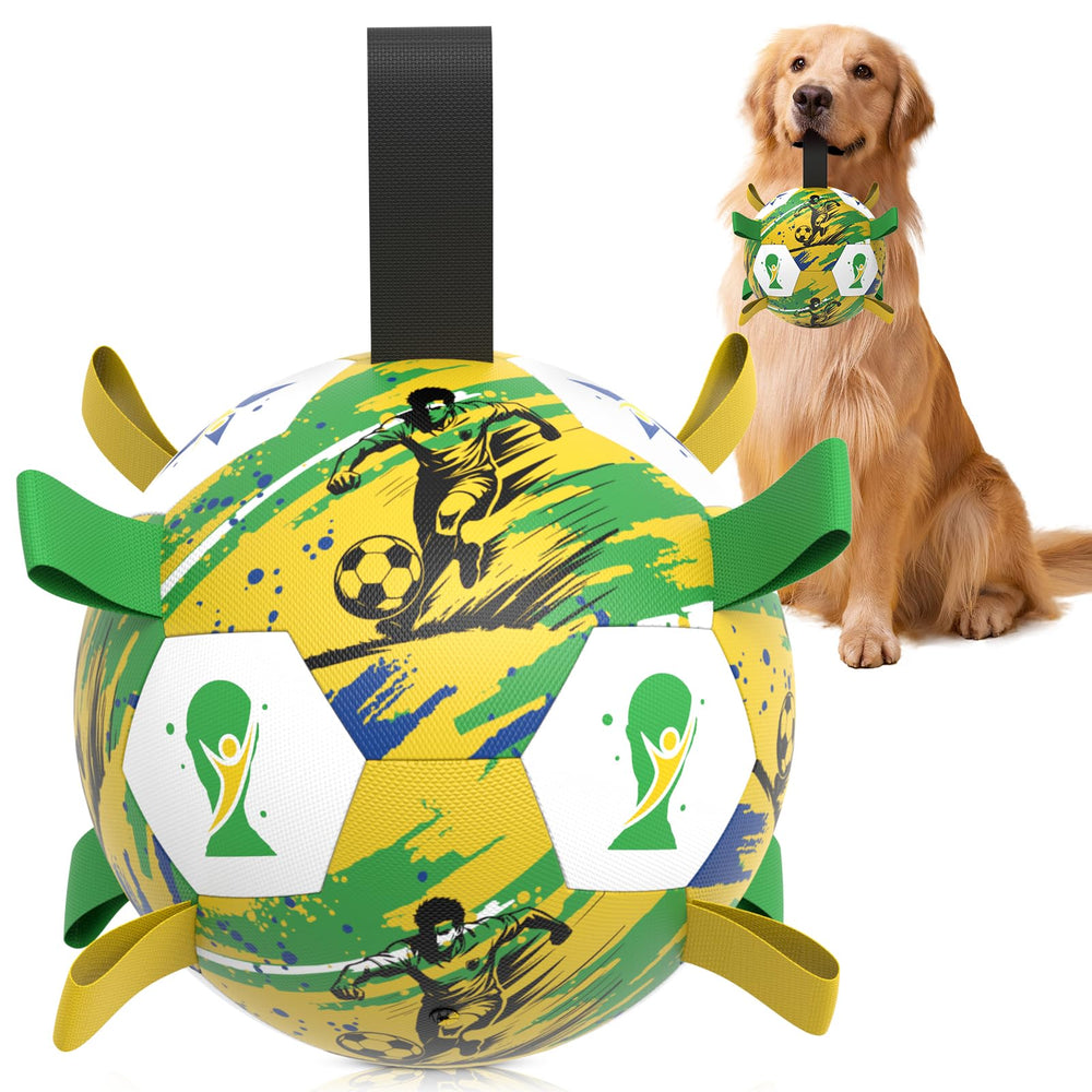 HETOO 8-inch dog soccer ball with straps for easy retrieval during play.