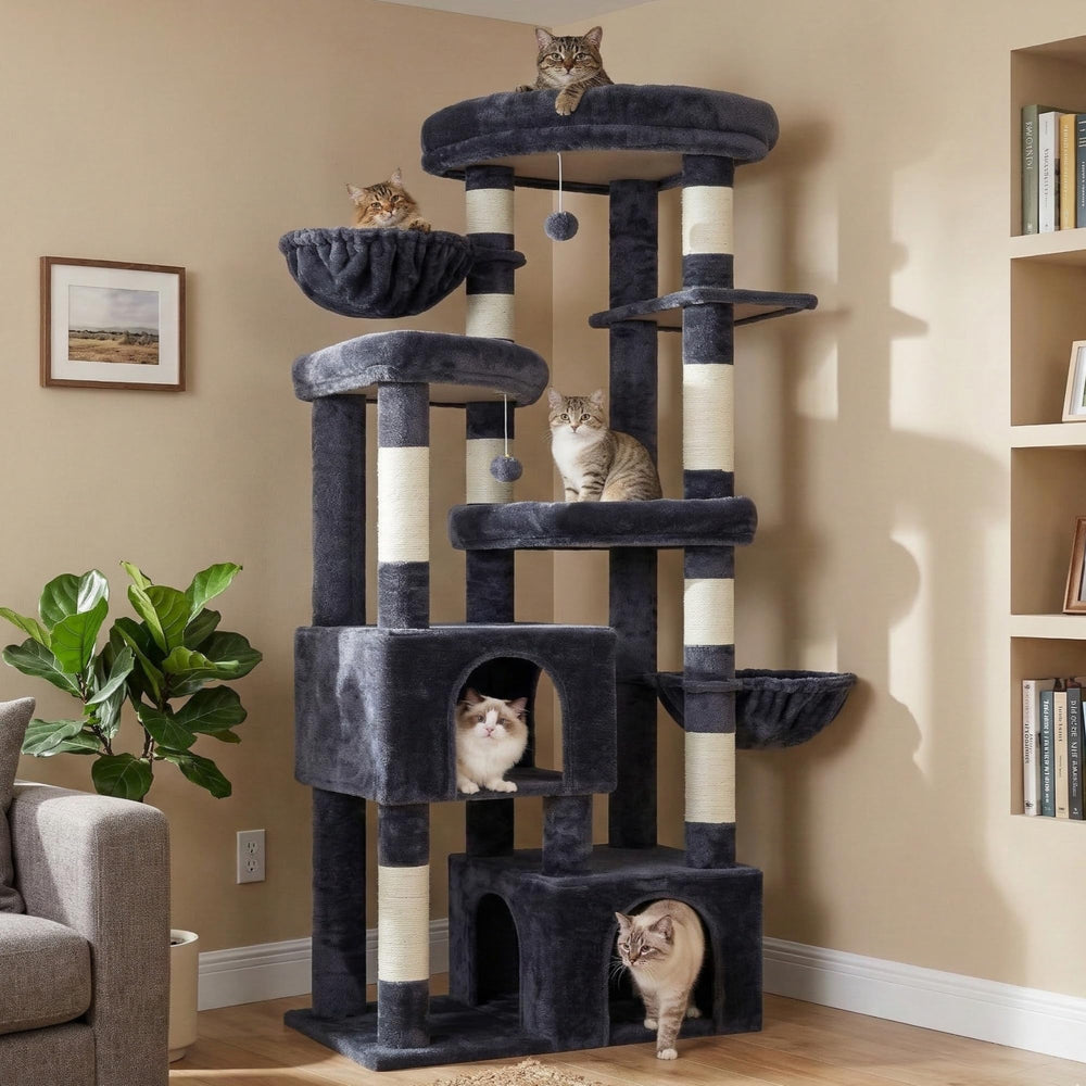 Hey-brother Cat Tree 67-3 inches tower offers elevated views for multiple cats.