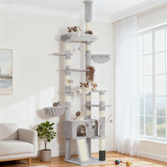 Hey-brother cat tree with adjustable ceiling height for tall rooms.