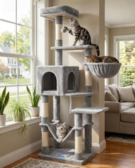 Hey-brother cat tree with large hammock provides a relaxing lounge for indoor cats.
