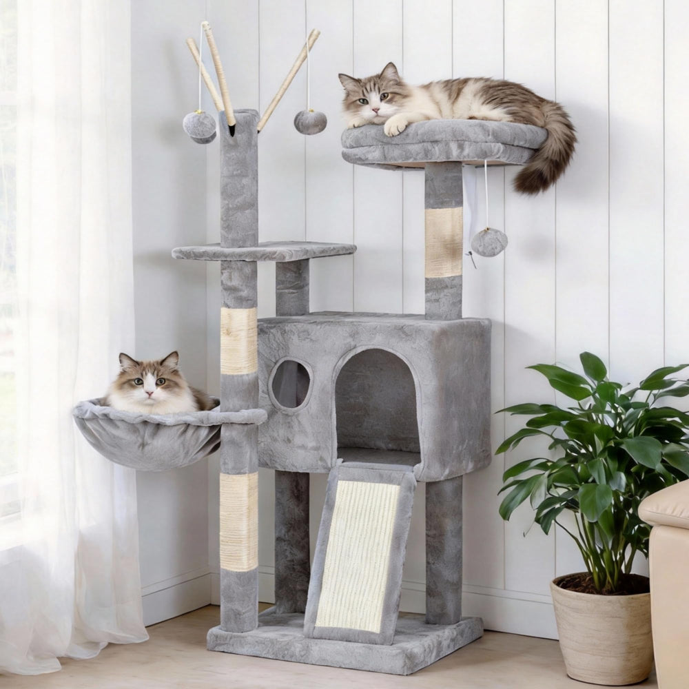 Hey-brother cat tree tower base with sturdy platform for safe climbing.
