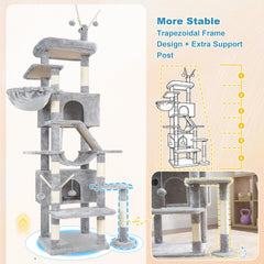 Hey-brother cat tree with 2 condos and large bed for lounging.