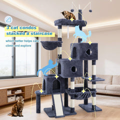 Hey-brother Cat Tree Tower with three condos offers private nooks for cats.