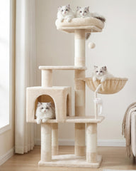 Heybly cat tree beige top perch provides a comfy lounging spot.