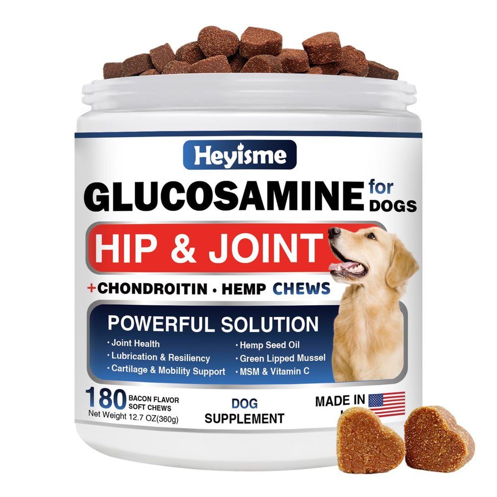 HEYISME dog glucosamine chews bottle provides joint support.