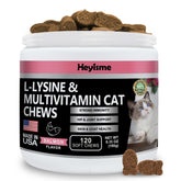 HEYISME Lysine cat treats salmon bottle highlights flavor and daily dosing for immune support.