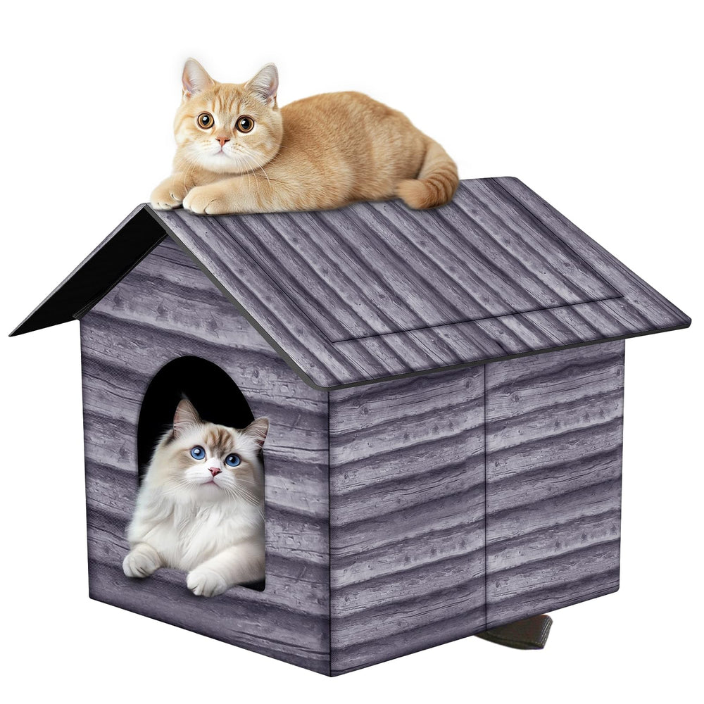 HHONG RI SHENG outdoor cat house folds flat for travel and storage.