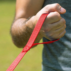 Hi Kiss 100ft recall leash red side view highlights reinforced stitching for durability.