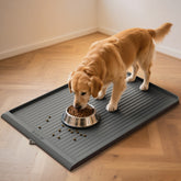 HICOOI dog food mat 36x24 with raised edges to contain spills and protect floors.