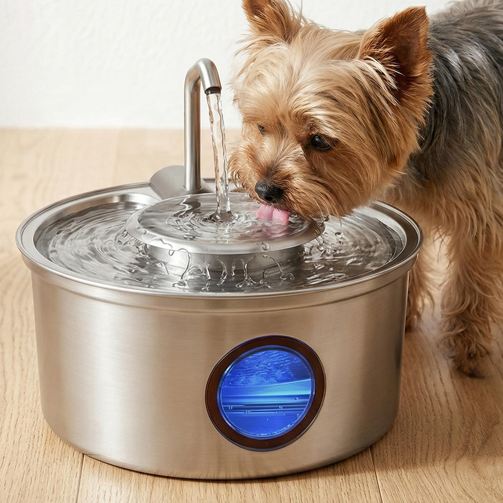Hicuper cat water fountain front view showing durable stainless steel construction and modern design