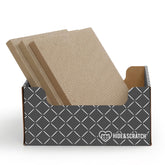 Hide & Scratch cat scratcher box front view highlights durable corrugated surface for scratching
