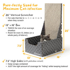 Hide & Scratch cardboard cat scratcher box bed, interior view, enclosed nap space plus scratching pad.