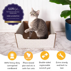 Hide & Scratch cat scratcher box side view shows cozy shelter and durable cardboard.