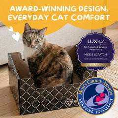 Hide & Scratch double sided corrugated pad indoors with cats enjoying scratching and lounging