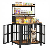 HIGDBFE dog crate furniture with drawer and shelf for organized toy and food storage.