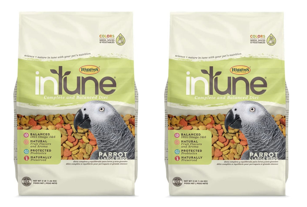 Higgins Intune parrot food front view, 3 lb bag, ready-to-serve balanced nutrition.