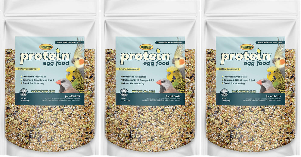 Higgins Protein Egg Food 3-pack bags offer a protein boost for birds.