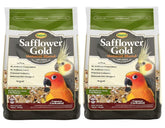 Higgins Safflower Gold conure and cockatiel food bags highlight natural safflower blend for birds that supports digestive health