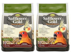 Higgins Safflower Gold conure and cockatiel food bags highlight natural safflower blend for birds that supports digestive health