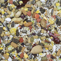 Higgins Sunburst Blend parrot food bag back highlights ingredients and usage guidance.