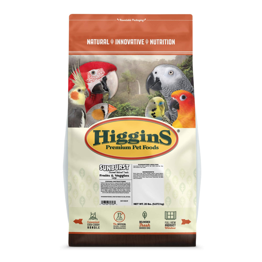 Higgins Sunburst packaging highlights a colorful fruit and veggie mix for large hookbill birds' daily meals.