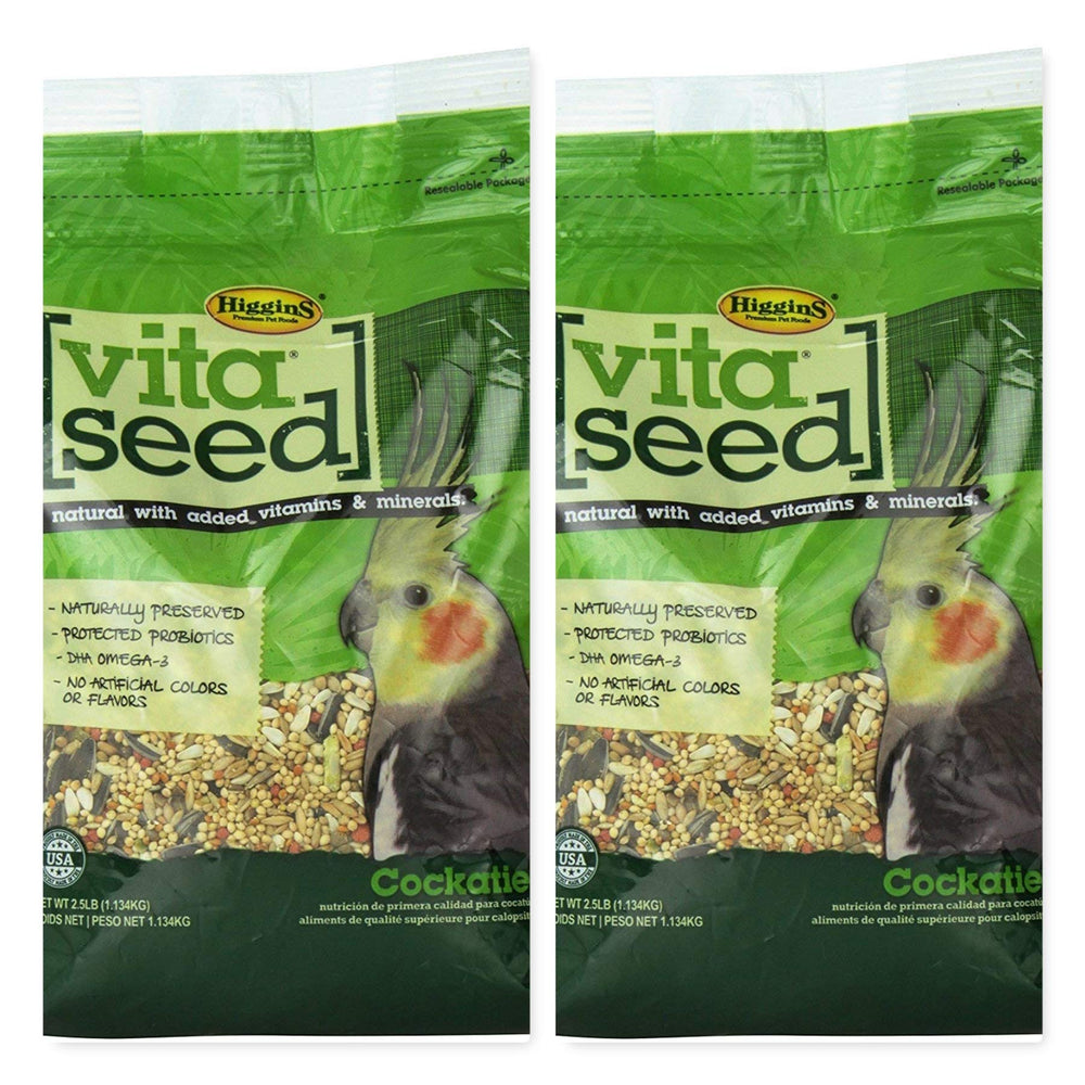 Higgins Vita Seed Natural Blend Cockatiel Food 2-pack bag supports balanced diet and variety.