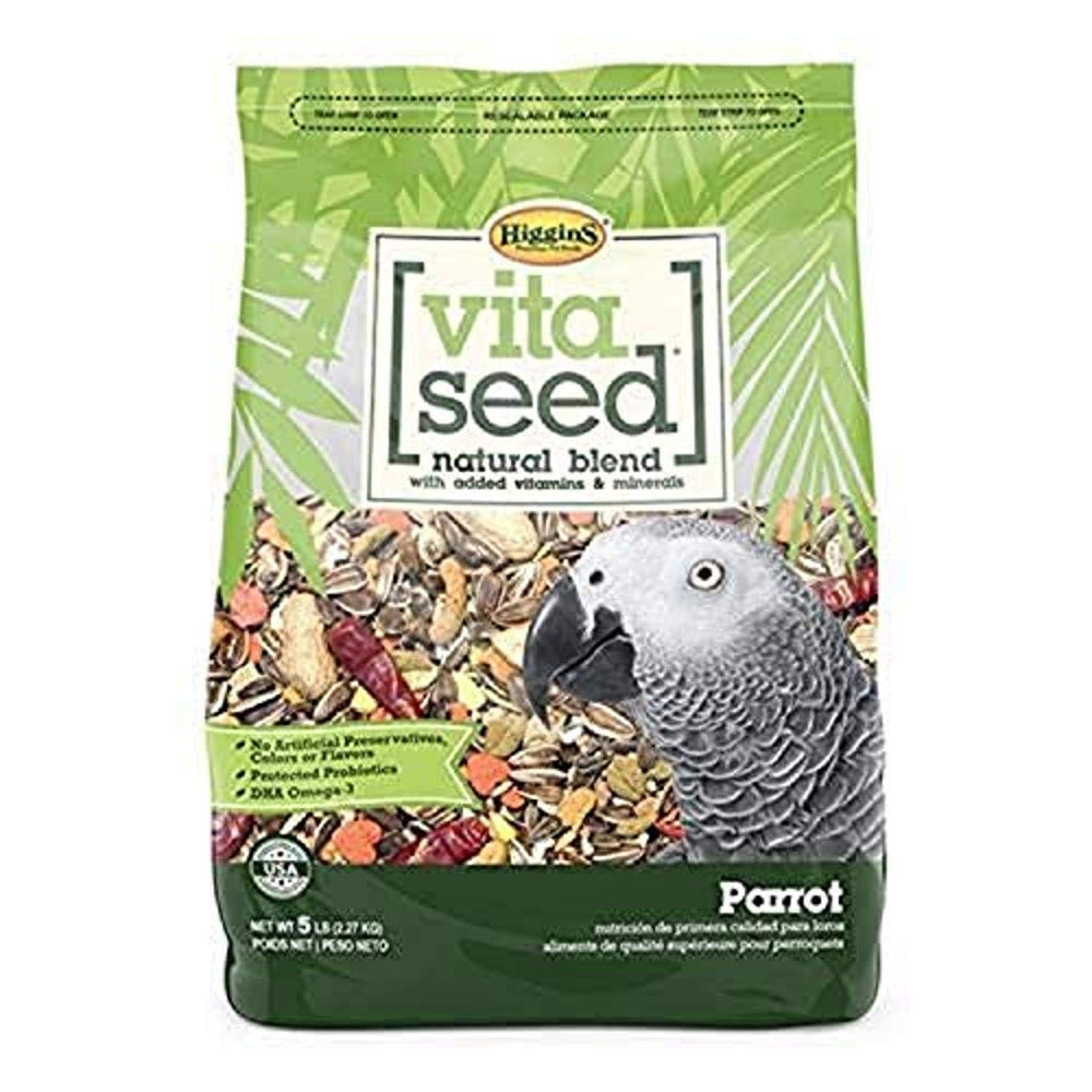 Higgins Vita Seed Natural parrot food bag showing a varied mix for balanced nutrition and digestive support