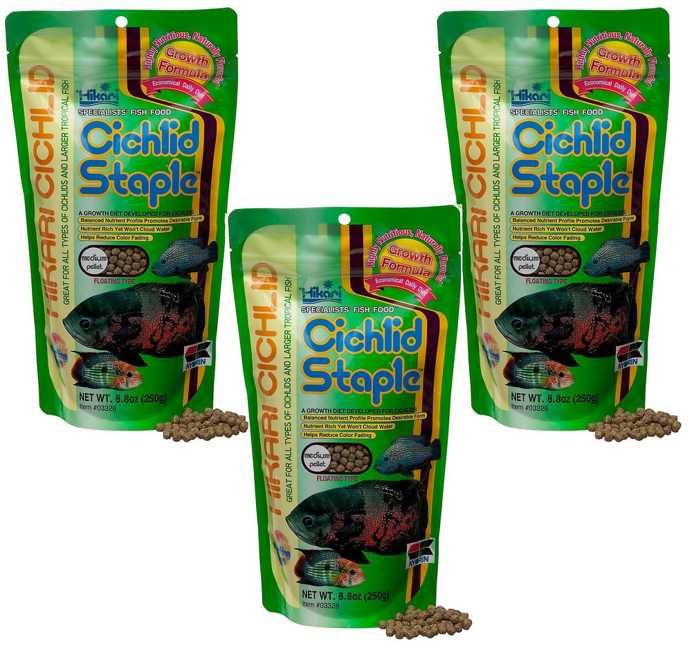 Hikari cichlid staple floating pellets bottle shows protein-rich formula for healthy growth