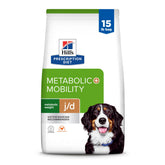 Hill's Prescription Diet Metabolic + j/d dry dog food bag shows balanced kibble for weight and joint support.