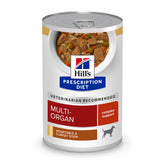 Hill's Prescription Diet Multi-Organ turkey-vegetable stew in a dog food bowl, supports organ-friendly meals.