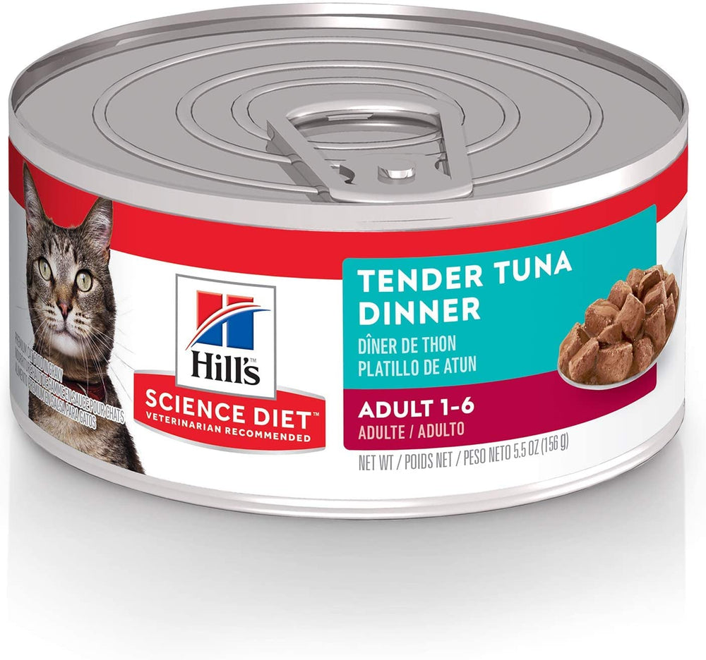 Hill's Science Diet Adult Tender Tuna Dinner can close-up with real tuna chunks