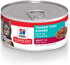 Hill's Science Diet Adult Tender Tuna Dinner can close-up with real tuna chunks