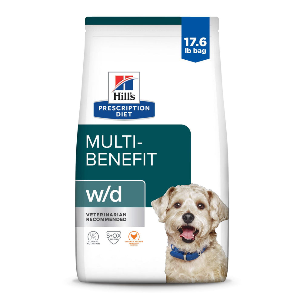 Hill's Prescription Diet w/d multi-benefit dry dog food bag highlights urinary, digestive, and weight support