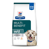 Hill's Prescription Diet w/d multi-benefit dry dog food bag highlights urinary, digestive, and weight support
