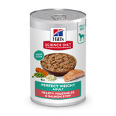 Hill's Science Diet Adult Perfect Weight can opening shows salmon stew for weight management