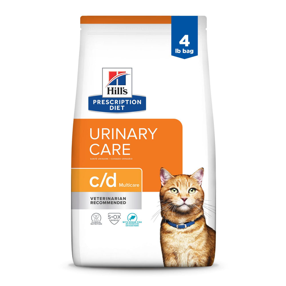 Hill's c/d Multicare Ocean Fish dry cat food in a 4 lb bag, supporting urinary health.