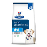 Hill's Prescription Diet d/d potato & duck dry dog food bag supports dogs with sensitivities.