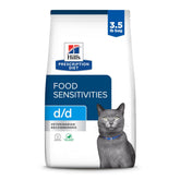 Hill's Prescription Diet d/d duck and green pea dry cat food 3.5 lb bag on shelf.