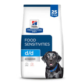 Hill's Prescription Diet d/d potato-salmon bag showing limited-ingredient dog food for sensitivities