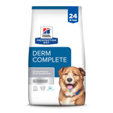 Hill's Prescription Diet Derm Complete bag closeup supporting skin comfort for sensitive dogs.