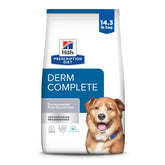 Hill's Prescription Diet Derm Complete dry dog food bag for environmental and skin sensitivities.