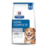 Hill's Prescription Diet Derm Complete dry dog food bag highlighting sensitive-skin nutrition